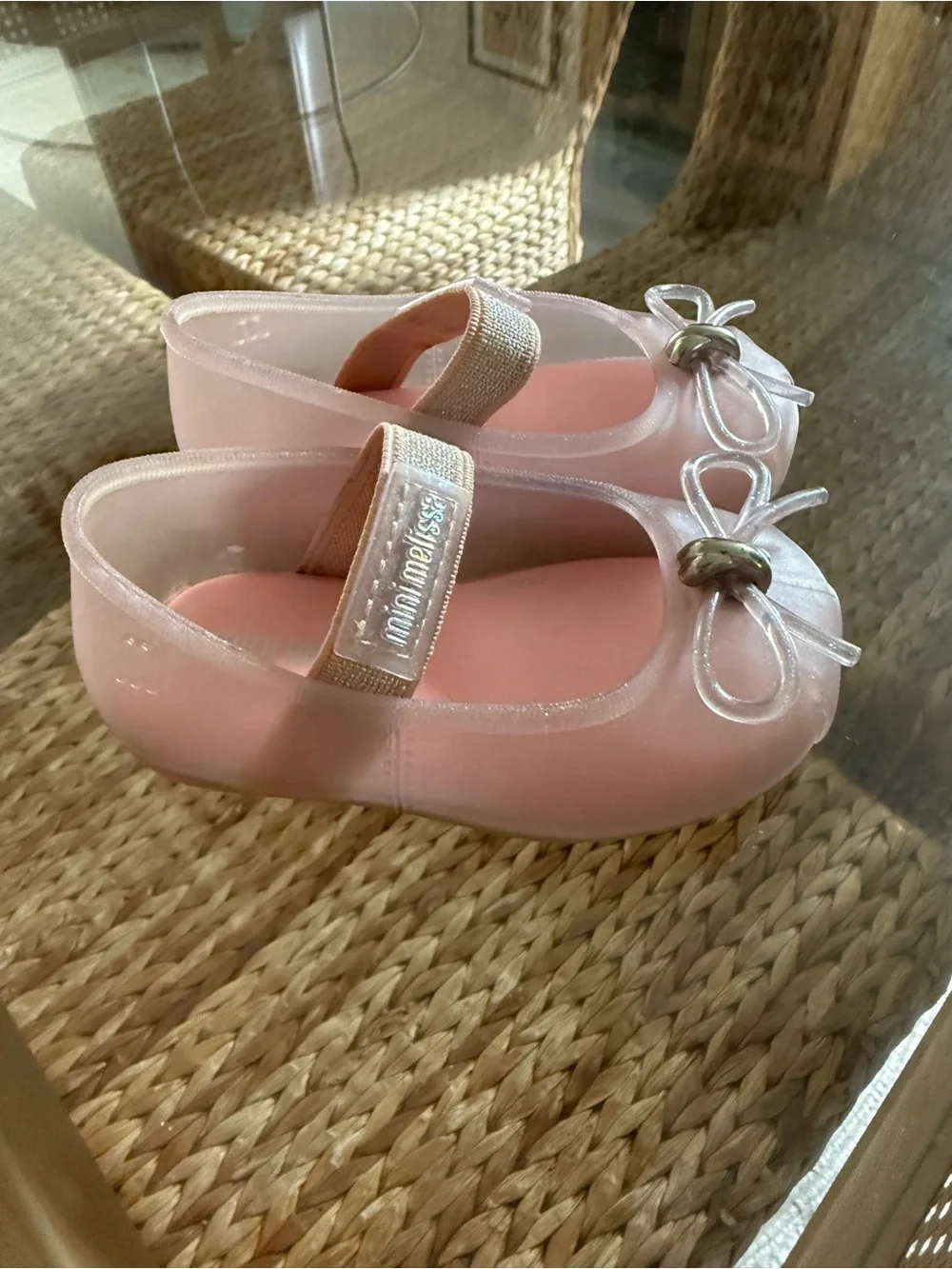 Girls Pink Mini Melissa Mary Jane Ballet Flats with Gold Accent and Bow Size 5T